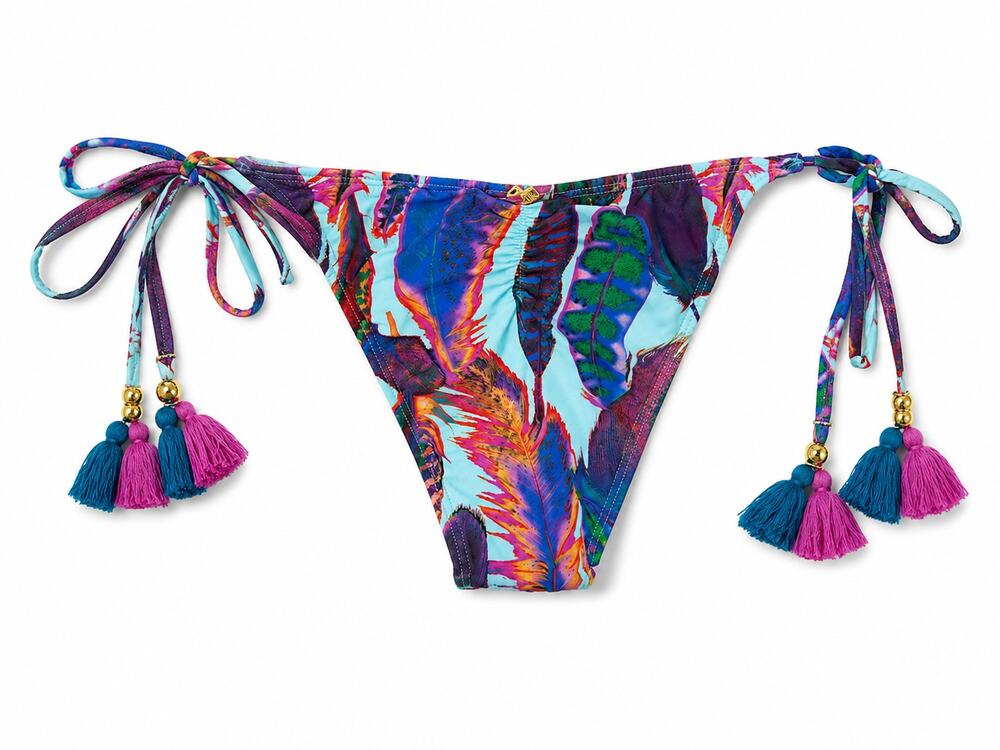 PQ Swim Vida Boho Feather Print String Bikini Bottom Low Rise Tassel Tie Side